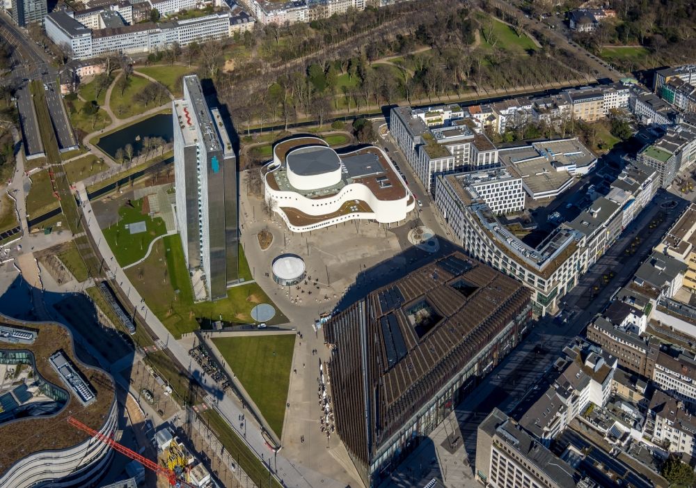 Düsseldorf from above - Building of the concert hall and theater playhouse in Duesseldorf at Ruhrgebiet in the state North Rhine-Westphalia, Germany