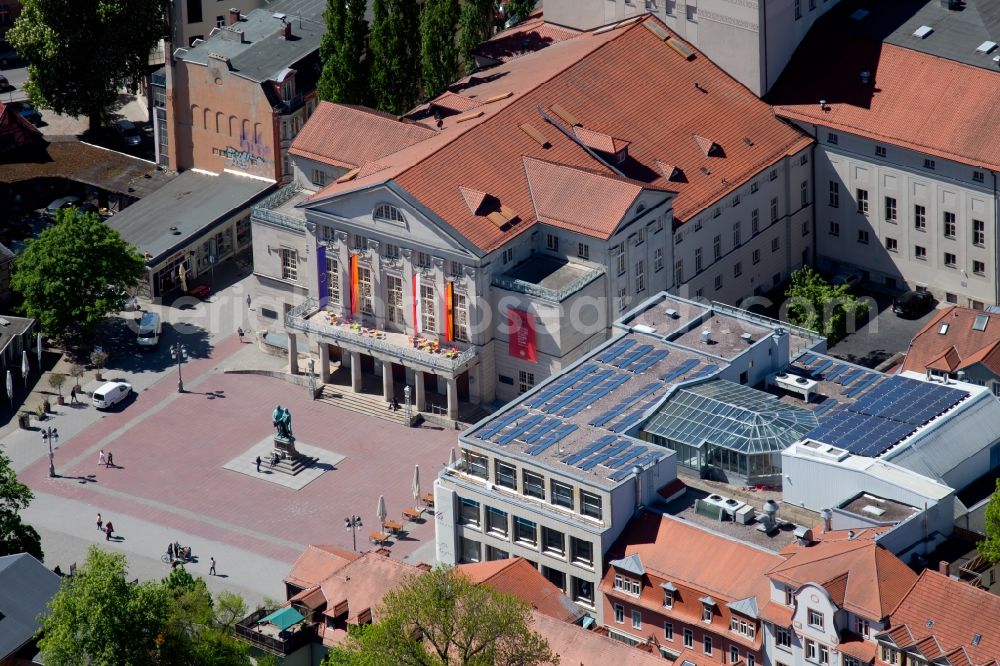 Weimar from above - Building of the concert hall and theater playhouse Deutsches Nationaltheater und Staatskapelle Weimar with the Goethe-Schiller monument on Theaterplatz in Weimar in the state Thuringia, Germany