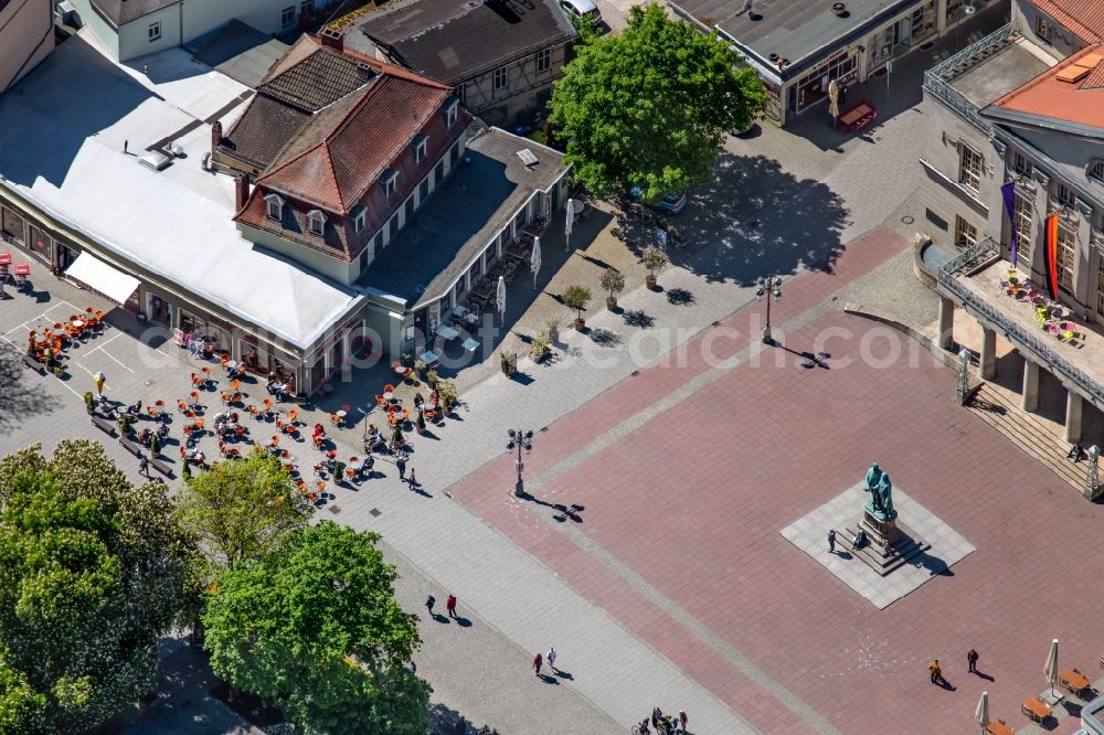 Weimar from above - Building of the concert hall and theater playhouse Deutsches Nationaltheater und Staatskapelle Weimar with the Goethe-Schiller monument on Theaterplatz in Weimar in the state Thuringia, Germany