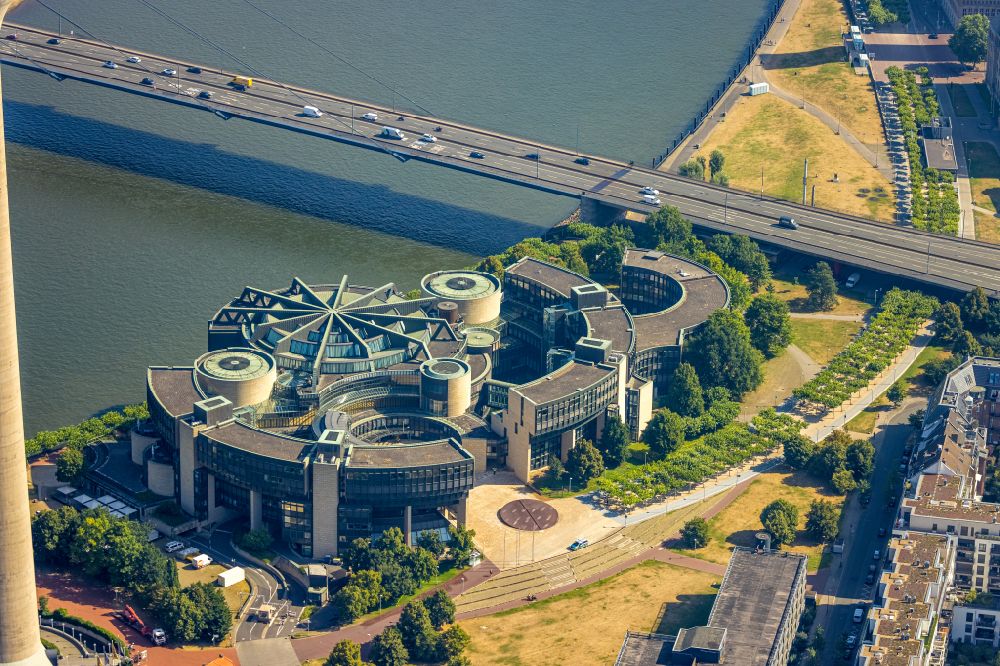 Düsseldorf from above - Building of parliament to the seat of the state government and the country's parliament on the banks of the river Rhine in Dusseldorf in North Rhine-Westphalia NRW