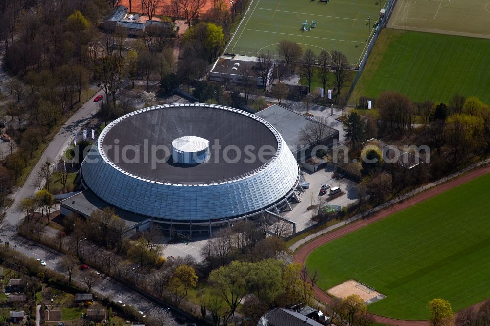 Aerial photograph München - Building of the event hall Audi Dome on Siegenburger Strasse in the district Sendling-Westpark in Munich in the state Bavaria, Germany