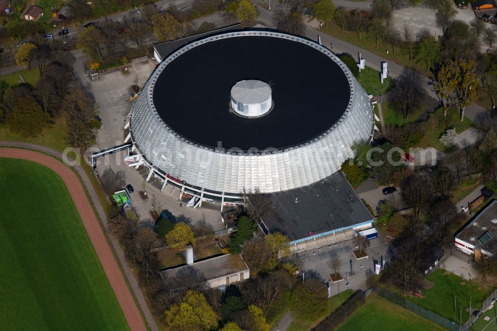 München from above - Building of the event hall Audi Dome on Siegenburger Strasse in the district Sendling-Westpark in Munich in the state Bavaria, Germany