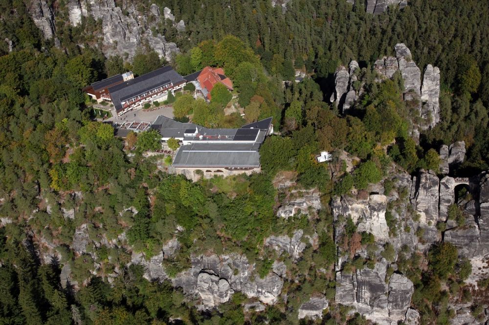 Rathen from above - Building of the restaurant Panorama Restaurant Bastei in Rathen in the state Saxony, Germany