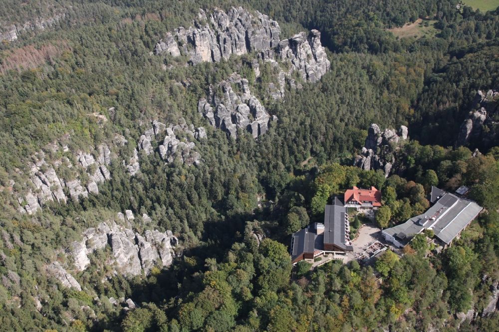 Aerial photograph Rathen - Building of the restaurant Panorama Restaurant Bastei in Rathen in the state Saxony, Germany