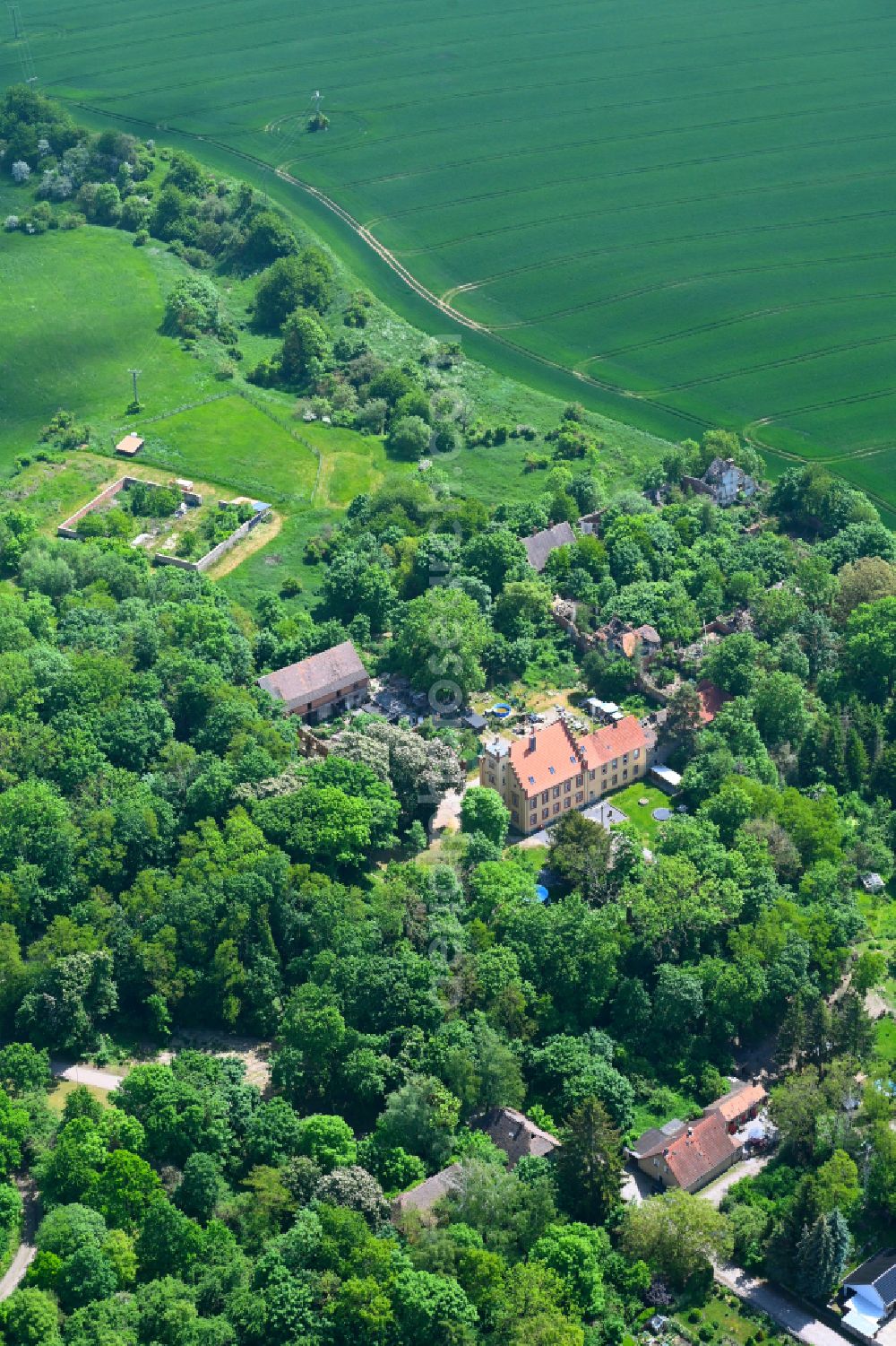 Neuglück from above - Buildings and parks at the mansion of the farmhouse in Neuglueck in the state Saxony-Anhalt, Germany