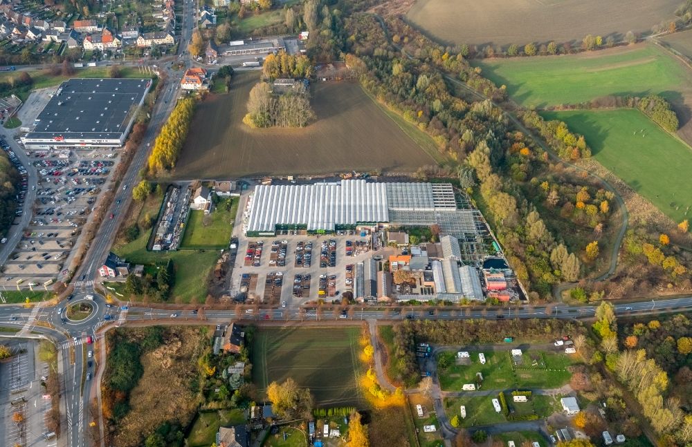 Hamm from the bird's eye view: Building of Store plant market garden centre Bintig GmbH in Hamm in the state North Rhine-Westphalia