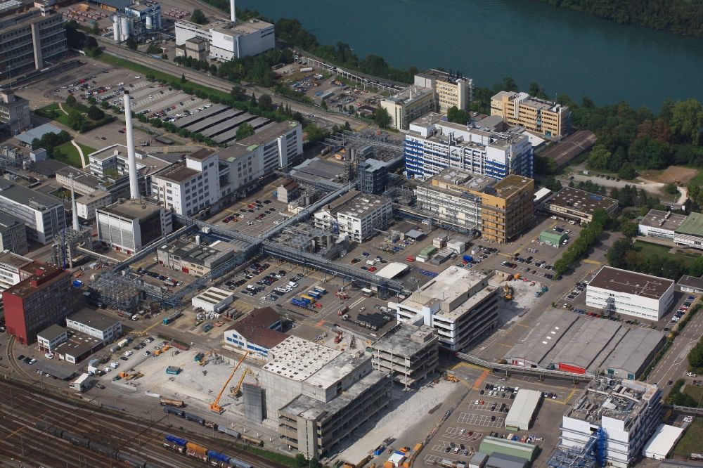Aerial image Pratteln - Buildings and production halls on the premises of the pharmaceutical manufacturer Novartis Schweizerhalle in Pratteln in the canton Basel-Landschaft, Switzerland