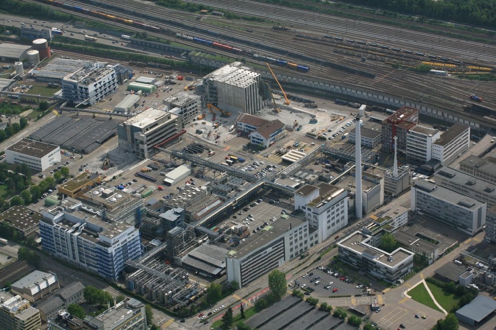 Pratteln from the bird's eye view: Buildings and production halls on the premises of the pharmaceutical manufacturer Novartis Schweizerhalle in Pratteln in the canton Basel-Landschaft, Switzerland
