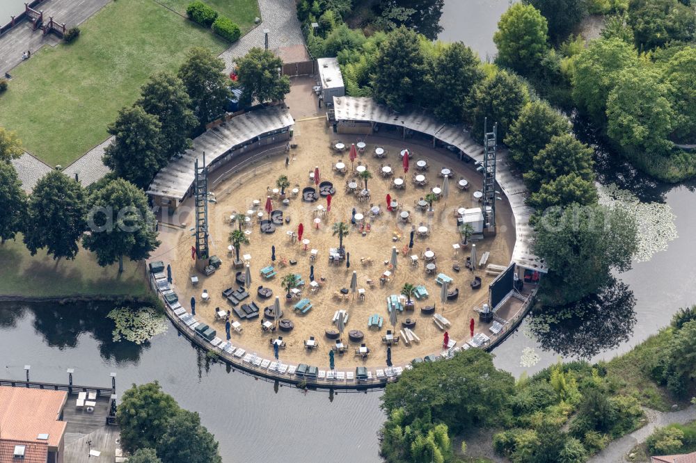 Oberhausen from above - Building of the restaurant der Bar CentrO-Beach on CentrO-Promenade in Oberhausen at Ruhrgebiet in the state North Rhine-Westphalia, Germany