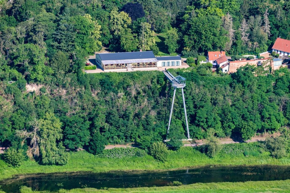Aerial image Arneburg - Building of the restaurant Burggaststaette with observation tower in Arneburg in the state Saxony-Anhalt, Germany