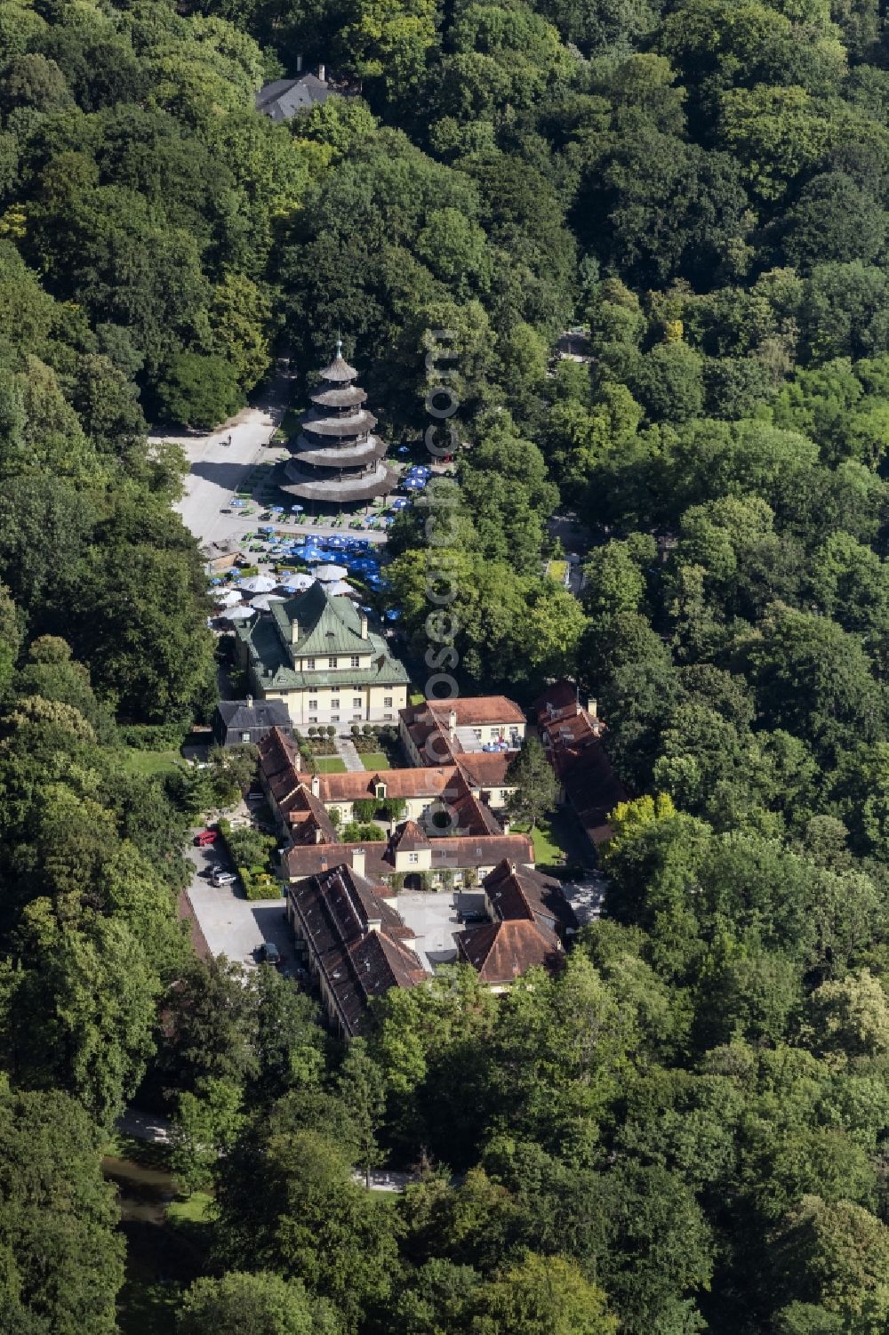 Aerial image München - Building of the restaurant with Chinesischer Turm in english garden in Munich in the state Bavaria, Germany