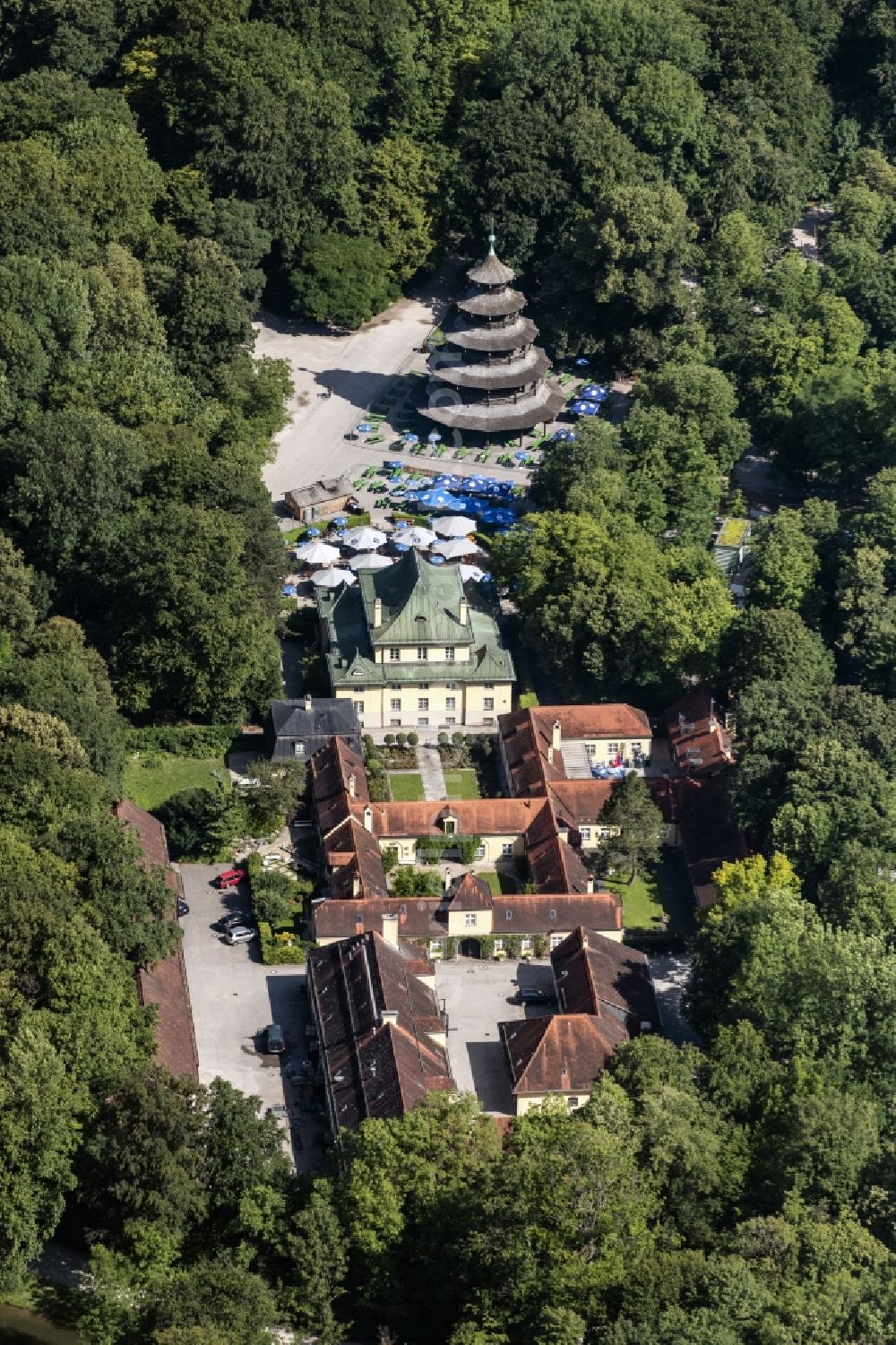 Aerial photograph München - Building of the restaurant with Chinesischer Turm in english garden in Munich in the state Bavaria, Germany