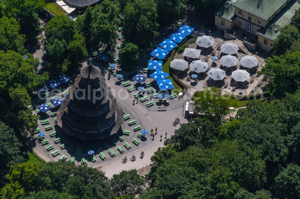 München from the bird's eye view: Building of the restaurant with Chinesischer Turm in english garden in Munich in the state Bavaria, Germany