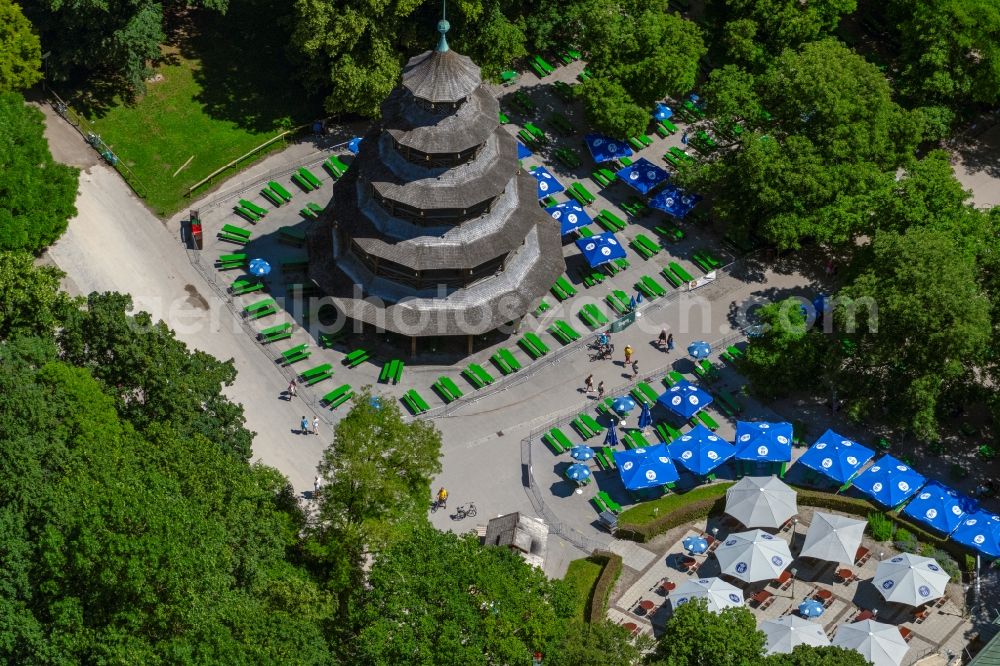 Aerial image München - Building of the restaurant with Chinesischer Turm in english garden in Munich in the state Bavaria, Germany