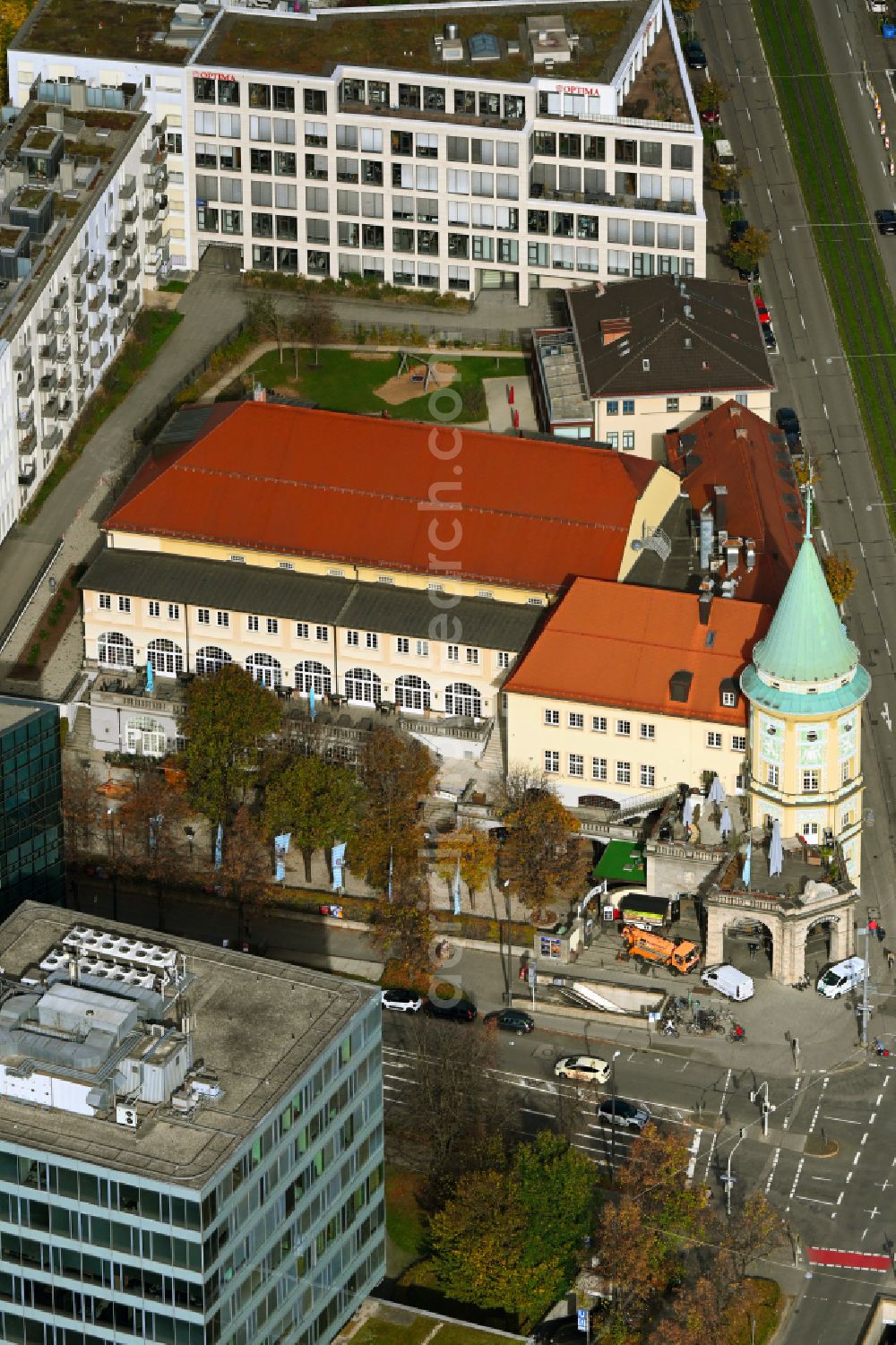 München from above - Building of the restaurant Loewenbraeukeller on street Nymphenburger Strasse on street Nymphenburger Strasse in the district Maxvorstadt in Munich in the state Bavaria, Germany