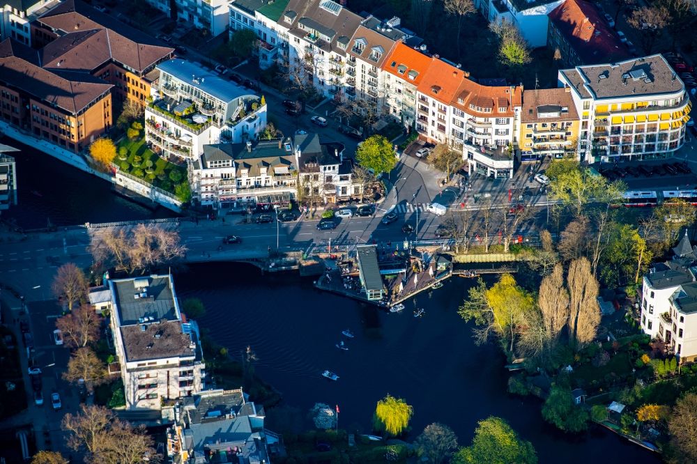 Hamburg from the bird's eye view: Building of the restaurant Monkey Beach on Langer Zug in the district Uhlenhorst in Hamburg, Germany