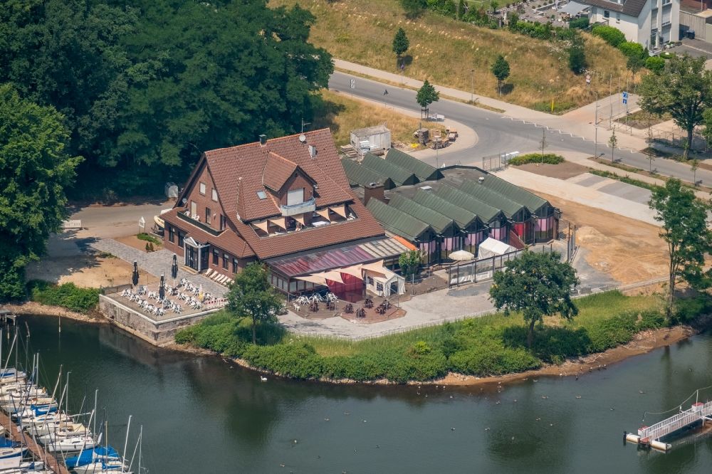 Aerial image Haltern am See - Building of the restaurant Stadtmuehle Haltern with sailing boat moorings and boat berths on the Muehlenbach shore area in Haltern am See in the state North Rhine-Westphalia, Germany