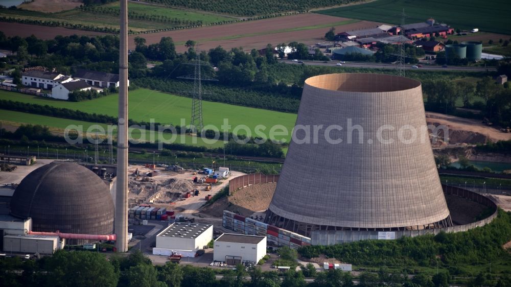 Mülheim-Kärlich from above - Building remains of the ruins of the reactor units and facilities of the NPP nuclear power plant AKW Muelheim-Kaerlich duiring the demolition - work carried out by the MB Spezialabbruch GmbH & Co. KG in Muelheim-Kaerlich in the state Rhineland-Palatinate, Germany