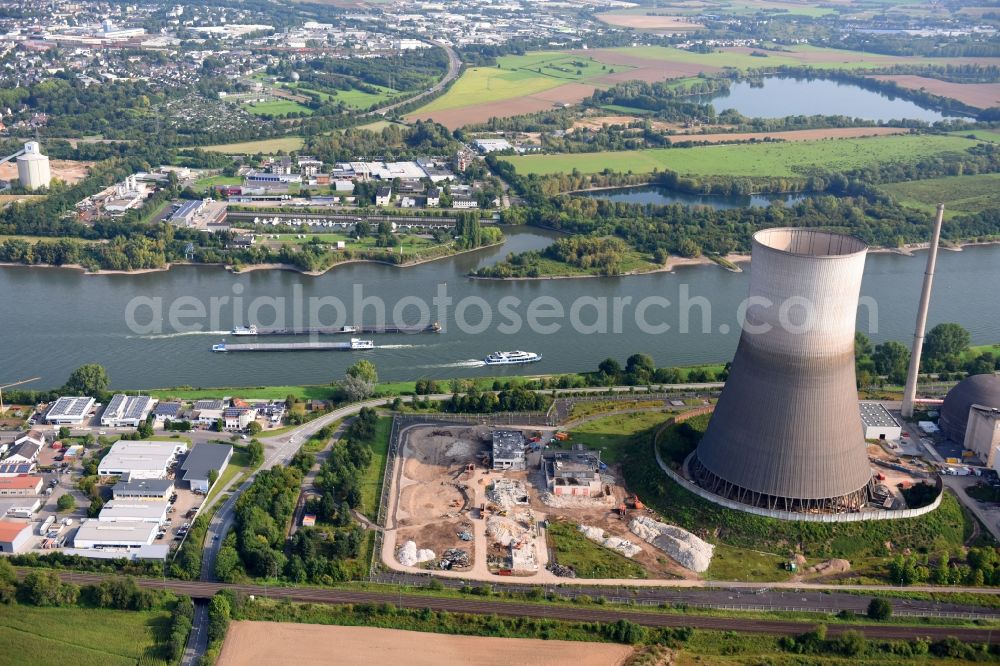 Aerial image Mülheim-Kärlich - Building remains of the ruins of the reactor units and facilities of the NPP nuclear power plant Anlage Muelheim-Kaerlich Am Guten Monn in the district Urmitz-Bahnhof in Muelheim-Kaerlich in the state Rhineland-Palatinate, Germany