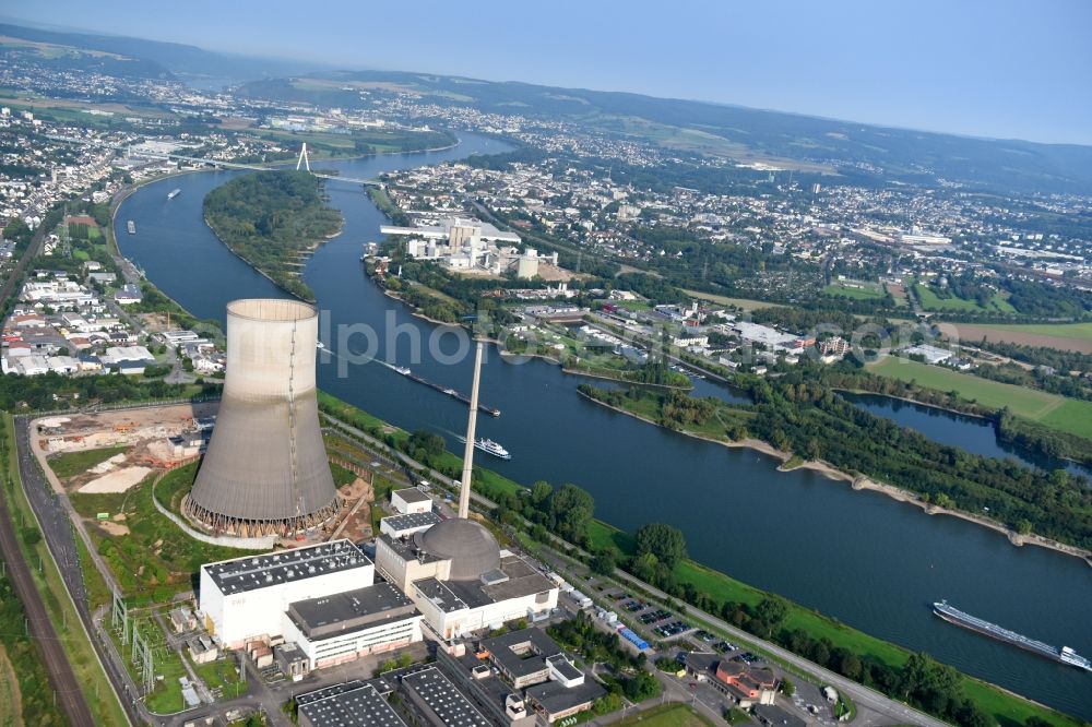Mülheim-Kärlich from above - Building remains of the ruins of the reactor units and facilities of the NPP nuclear power plant Anlage Muelheim-Kaerlich Am Guten Monn in the district Urmitz-Bahnhof in Muelheim-Kaerlich in the state Rhineland-Palatinate, Germany