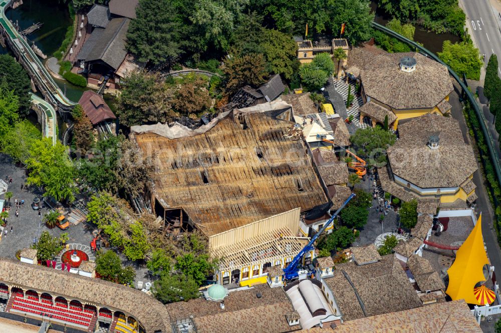 Rust from above - Demolition work on the ruins of the building and the fire Themenwelt Yomi-Zauberwelt of Diamanten on street Europa-Park-Strasse in Rust in the state Baden-Wuerttemberg, Germany