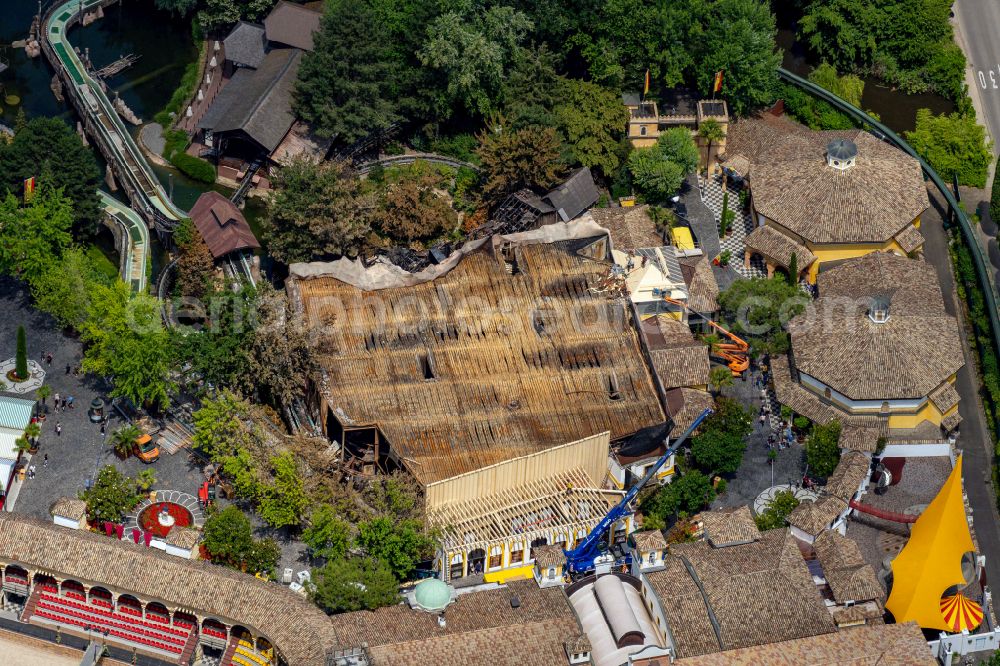 Rust from the bird's eye view: Demolition work on the ruins of the building and the fire Themenwelt Yomi-Zauberwelt of Diamanten on street Europa-Park-Strasse in Rust in the state Baden-Wuerttemberg, Germany
