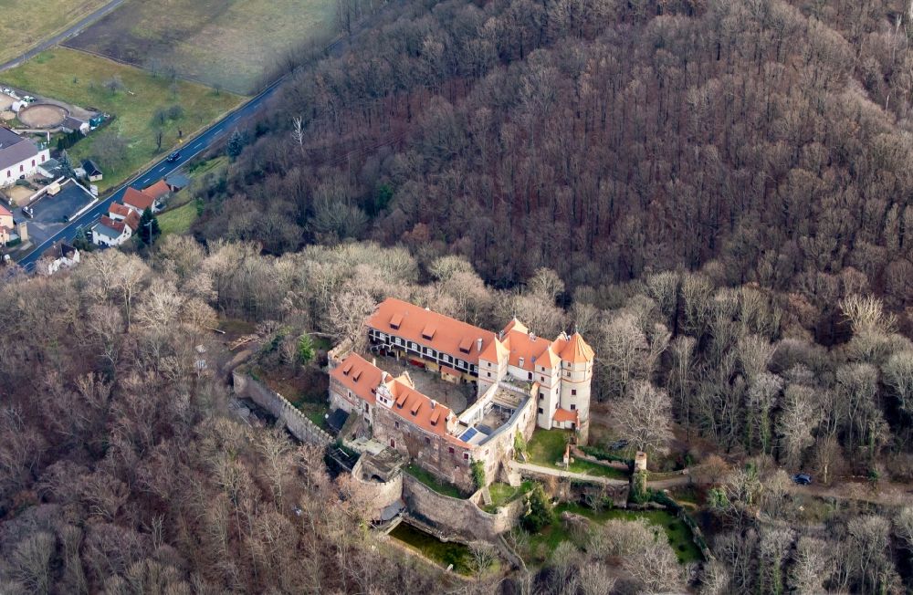 Aerial image Klipphausen - Castle hotel building Scharfenberg in Klipphausen in the state Saxony, Germany