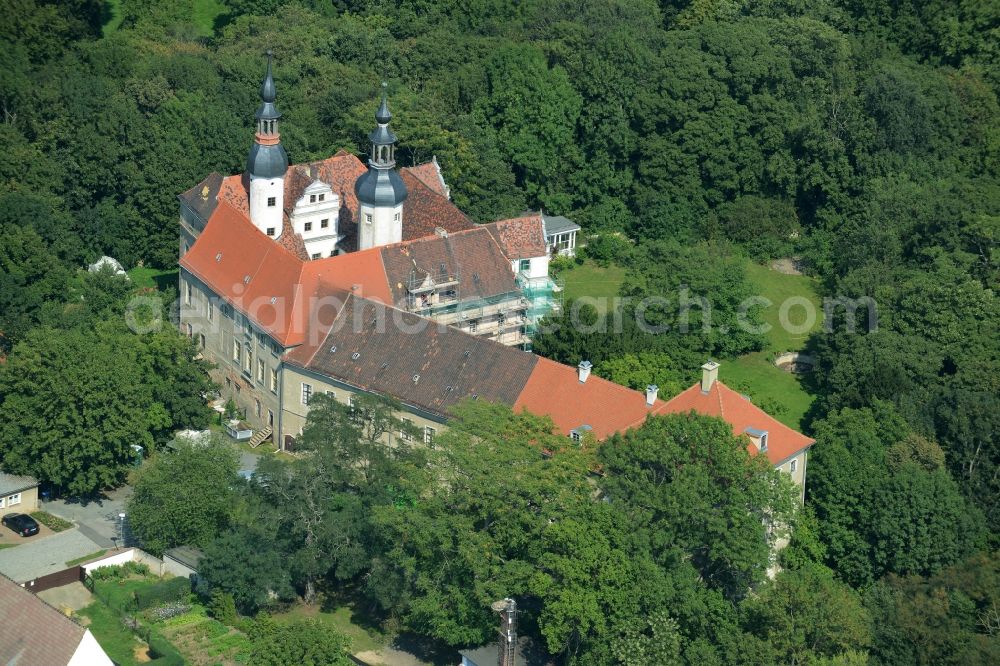Zschepplin from above - Building and Park of Castle Zschepplin in Zschepplin in the state of Saxony. The castle with its church, yard and towers is located in a forest on the edge of Zschepplin