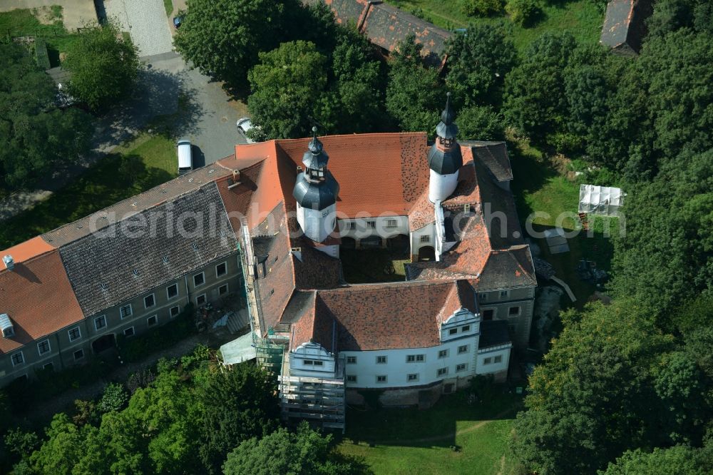 Zschepplin from the bird's eye view: Building and Park of Castle Zschepplin in Zschepplin in the state of Saxony. The castle with its church, yard and towers is located in a forest on the edge of Zschepplin