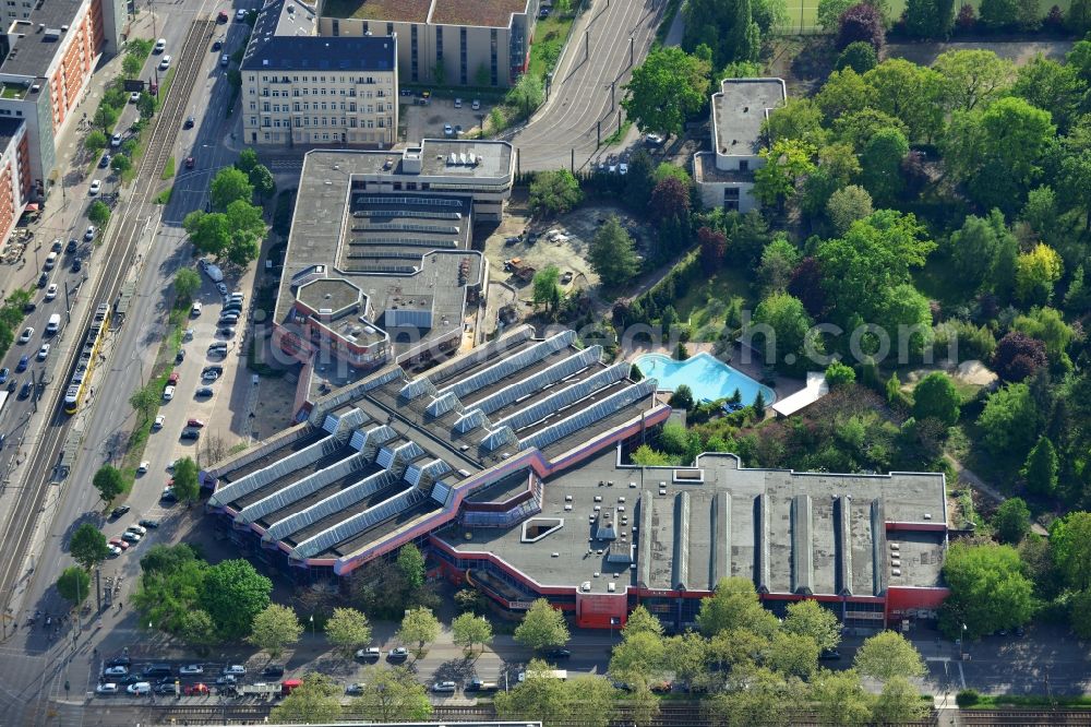 Berlin from above - The sport and recreational center SEZ in Berlin Friedrichshain. The multi-functional building complex for sport and entertainment has been built in 20. March 1981. The center offers many sports and recreation activities