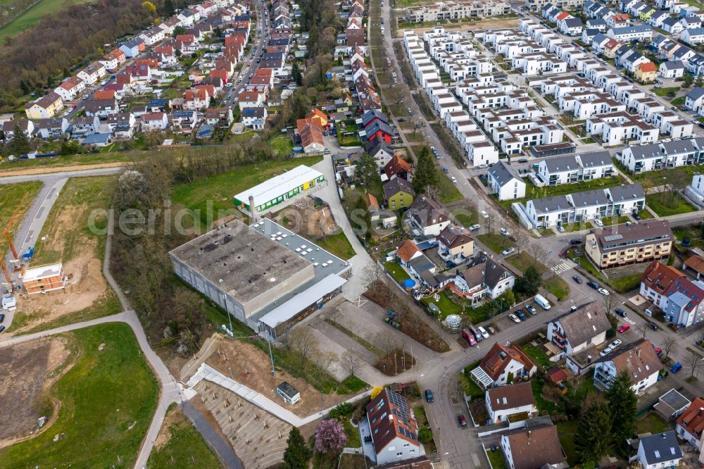 Aerial photograph Karlsruhe - Roof on the building of the sports hall Reinhold-Crocoll-Halle in the district Knielingen in Karlsruhe in the state Baden-Wurttemberg, Germany
