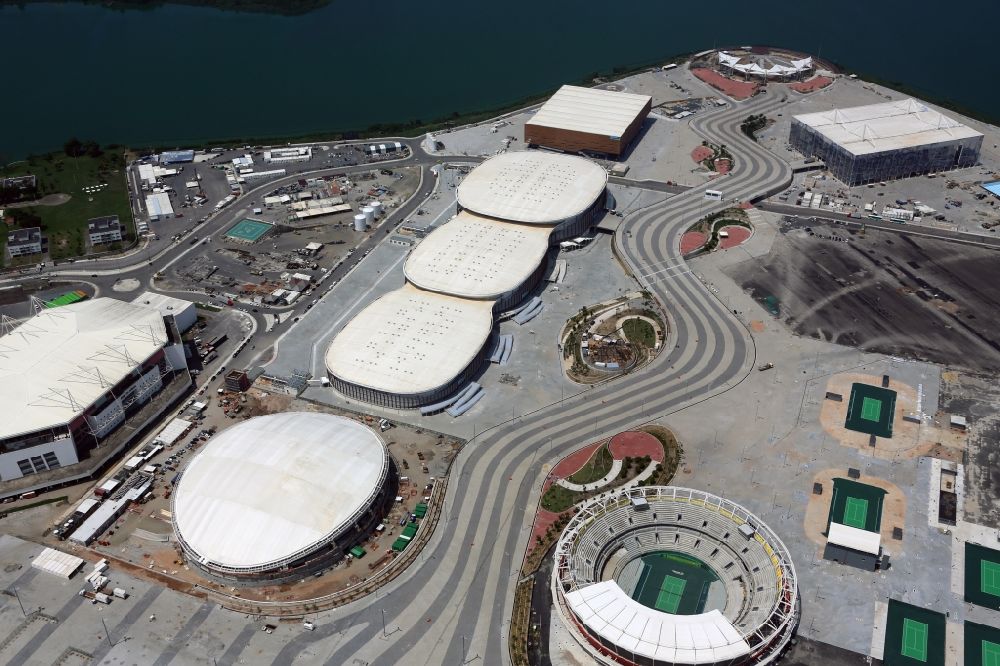 Rio de Janeiro from the bird's eye view: Building of sports hall Ensemble at the Olympic Park before the summer playing games of XXII. Olympics in Rio de Janeiro in Rio de Janeiro, Brazil