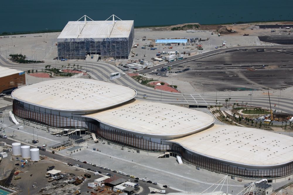 Aerial photograph Rio de Janeiro - Building of sports hall Ensemble at the Olympic Park before the summer playing games of XXII. Olympics in Rio de Janeiro in Rio de Janeiro, Brazil