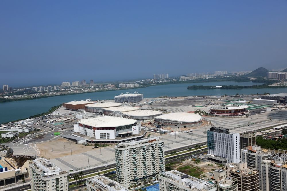 Aerial image Rio de Janeiro - Building of sports hall Ensemble at the Olympic Park before the summer playing games of XXII. Olympics in Rio de Janeiro in Rio de Janeiro, Brazil