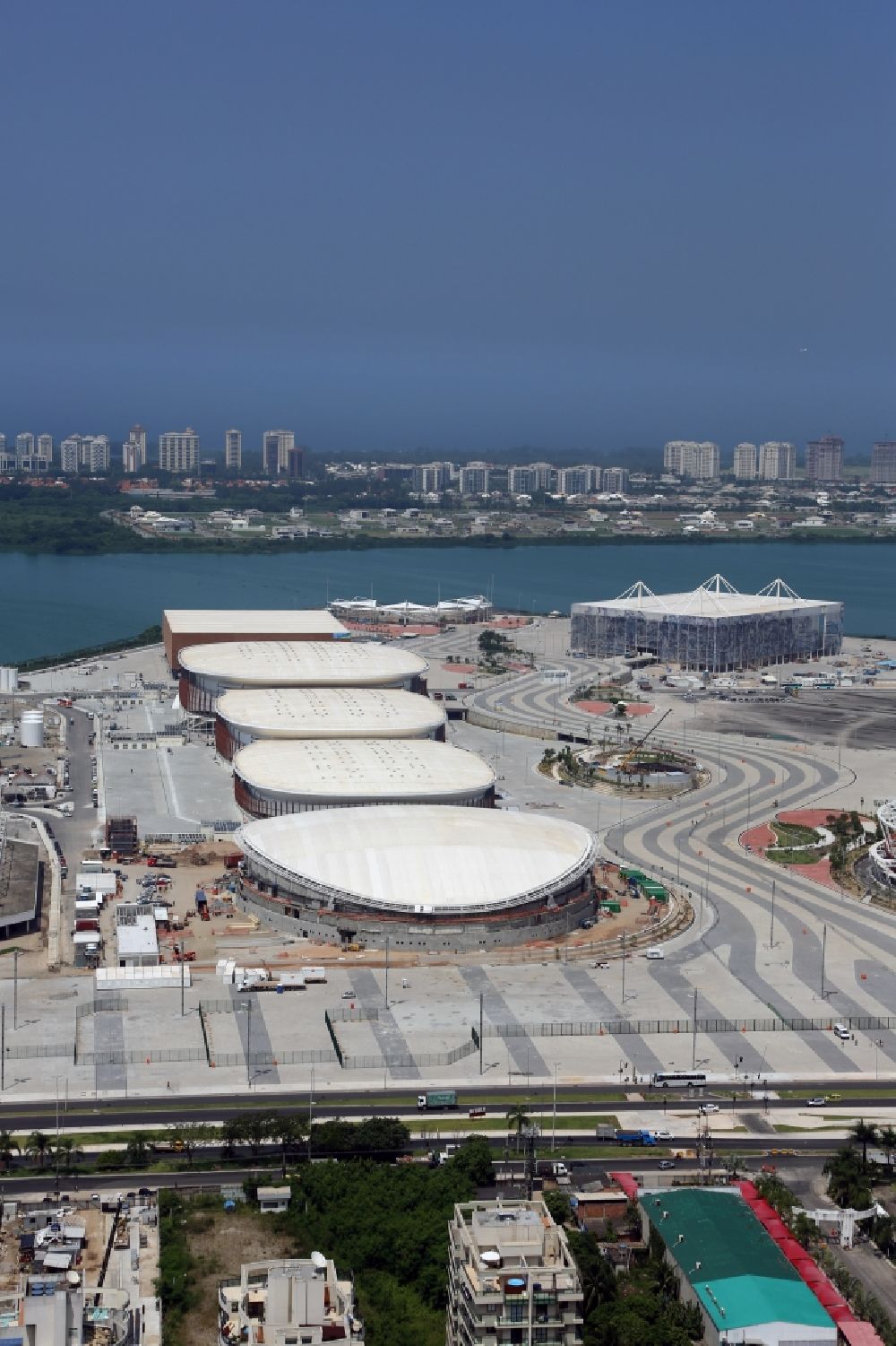 Rio de Janeiro from the bird's eye view: Building of sports hall Ensemble at the Olympic Park before the summer playing games of XXII. Olympics in Rio de Janeiro in Rio de Janeiro, Brazil