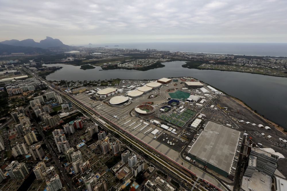 Aerial image Rio de Janeiro - Building of sports hall Ensemble at the Olympic Park before the summer playing games of XXII. Olympics in Rio de Janeiro in Rio de Janeiro, Brazil