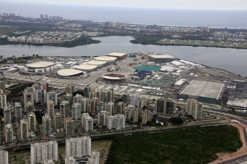Rio de Janeiro from above - Building of sports hall Ensemble at the Olympic Park before the summer playing games of XXII. Olympics in Rio de Janeiro in Rio de Janeiro, Brazil