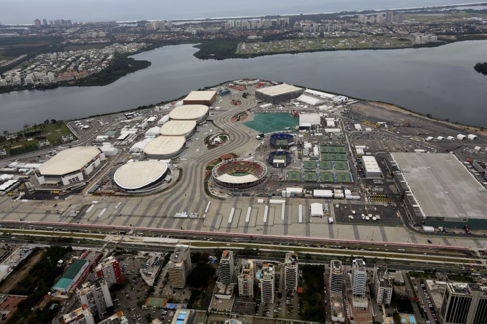 Aerial photograph Rio de Janeiro - Building of sports hall Ensemble at the Olympic Park before the summer playing games of XXII. Olympics in Rio de Janeiro in Rio de Janeiro, Brazil