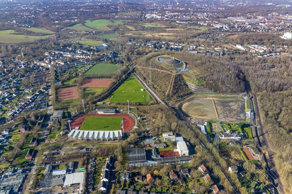 Bochum from the bird's eye view: Building of sports hall Ensemble of Olympiastuetzpunkt Ruhr-Ost and the arena of the Lohrheidestadion on Hollandstrasse in the district Wattenscheid in Bochum in the state North Rhine-Westphalia, Germany