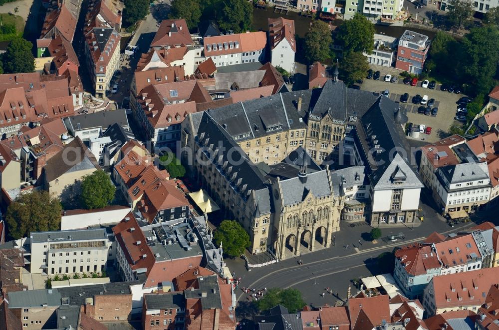 Erfurt from above - Town Hall building of the city administration on Fischmarkt in of Altstadt in Erfurt in the state Thuringia, Germany
