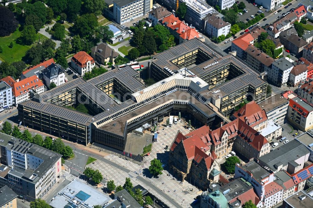 Bielefeld from the bird's eye view: Town Hall building of the city administration on Rathausplatz in the district Mitte in Bielefeld in the state North Rhine-Westphalia, Germany