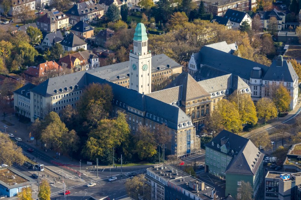 Gelsenkirchen from above - Town Hall building of the city administration and church of Saint Urbanus on place Rathausplatz in the district Buer in Gelsenkirchen at Ruhrgebiet in the state North Rhine-Westphalia