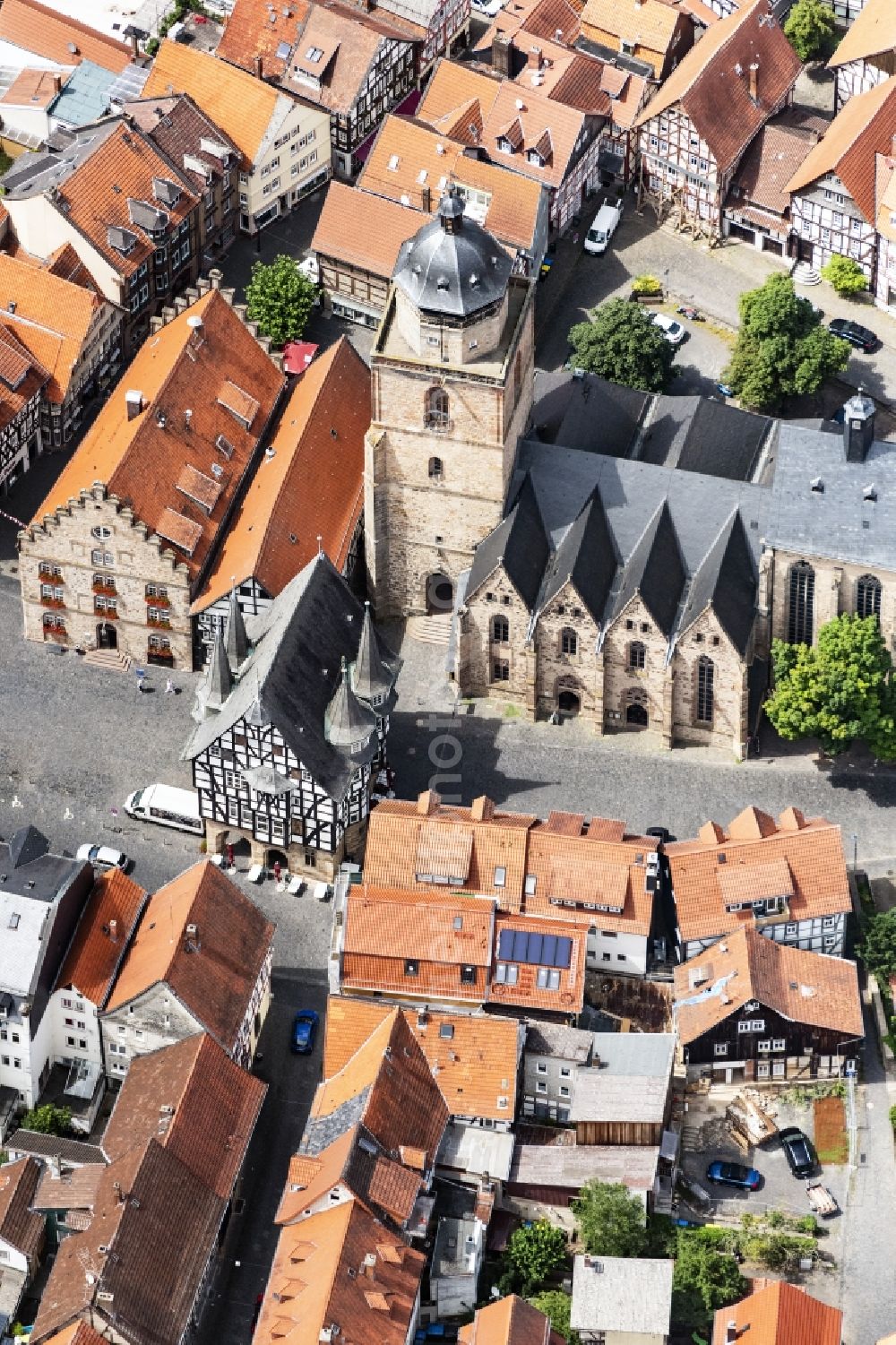Alsfeld from above - Town Hall building of the City Council at the market downtown in Alsfeld in the state Hesse, Germany