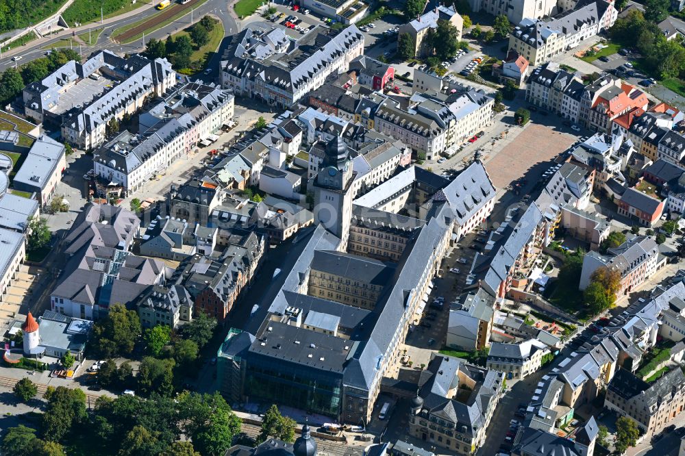 Aerial image Plauen - Town Hall building of the City Council at the market downtown in Plauen in Vogtland in the state Saxony, Germany
