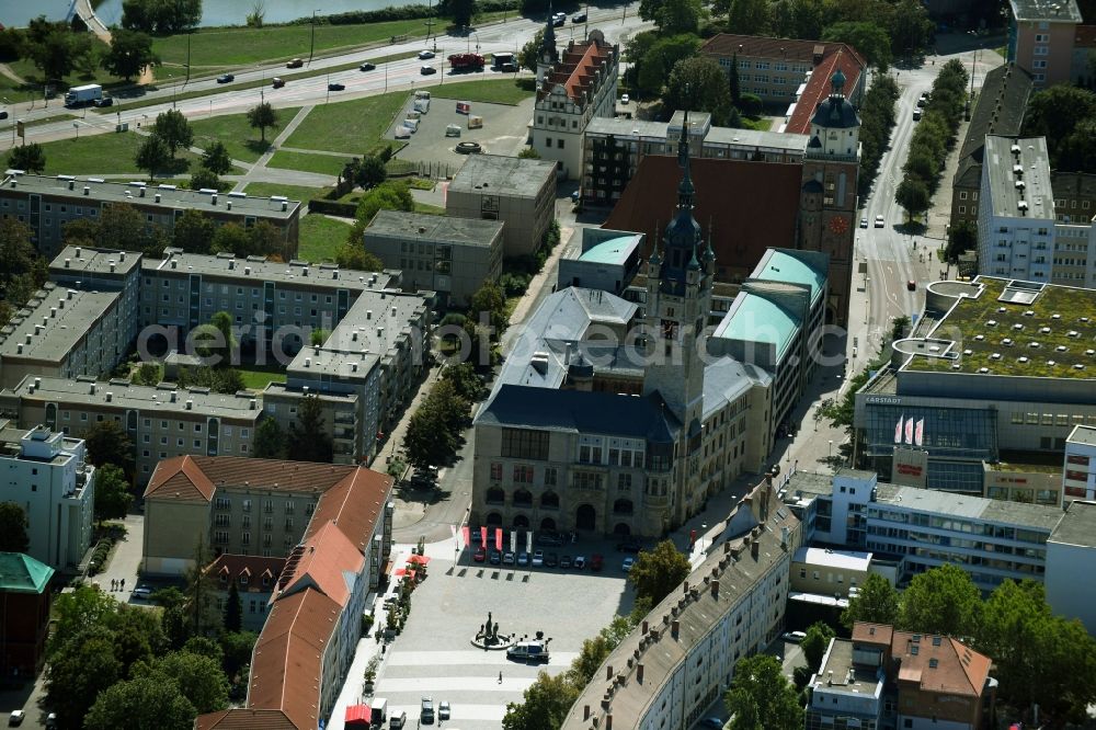 Dessau from above - Town Hall building of the City Council at the market downtown in Dessau in the state Saxony-Anhalt, Germany
