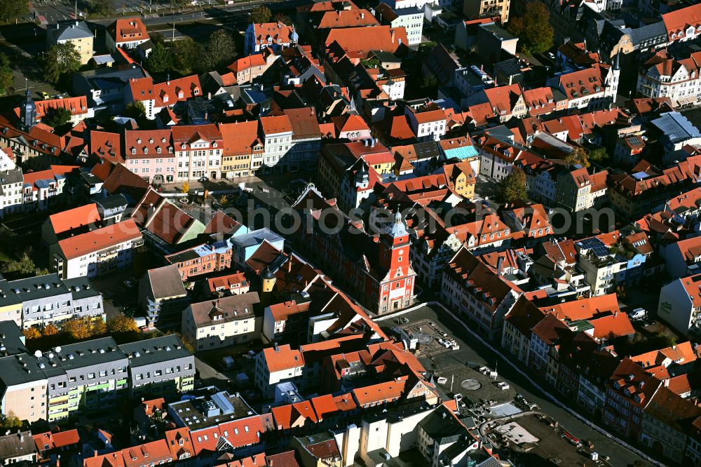 Gotha from above - Town Hall building of the City Council at the market downtown on street Hauptmarkt in Gotha in the state Thuringia, Germany