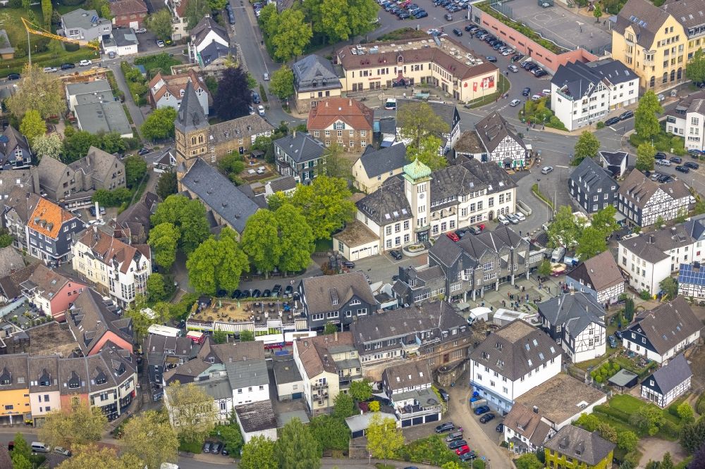 Herdecke from above - Town Hall building of the City Council at the market downtown in Herdecke in the state North Rhine-Westphalia, Germany