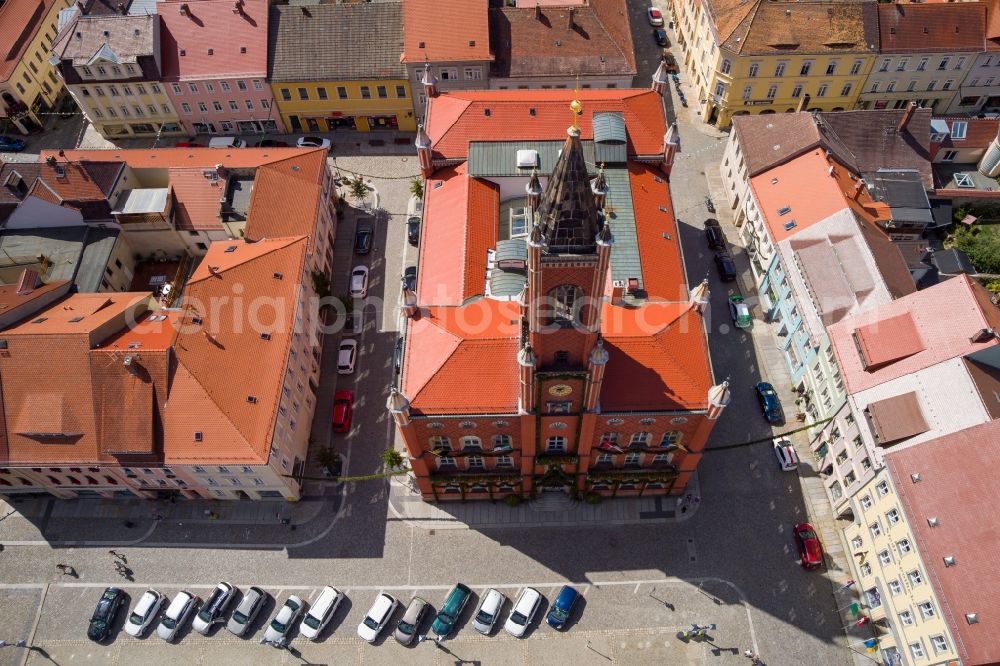 Kamenz from above - Town Hall building of the City Council at the market downtown in Kamenz in the state Saxony, Germany