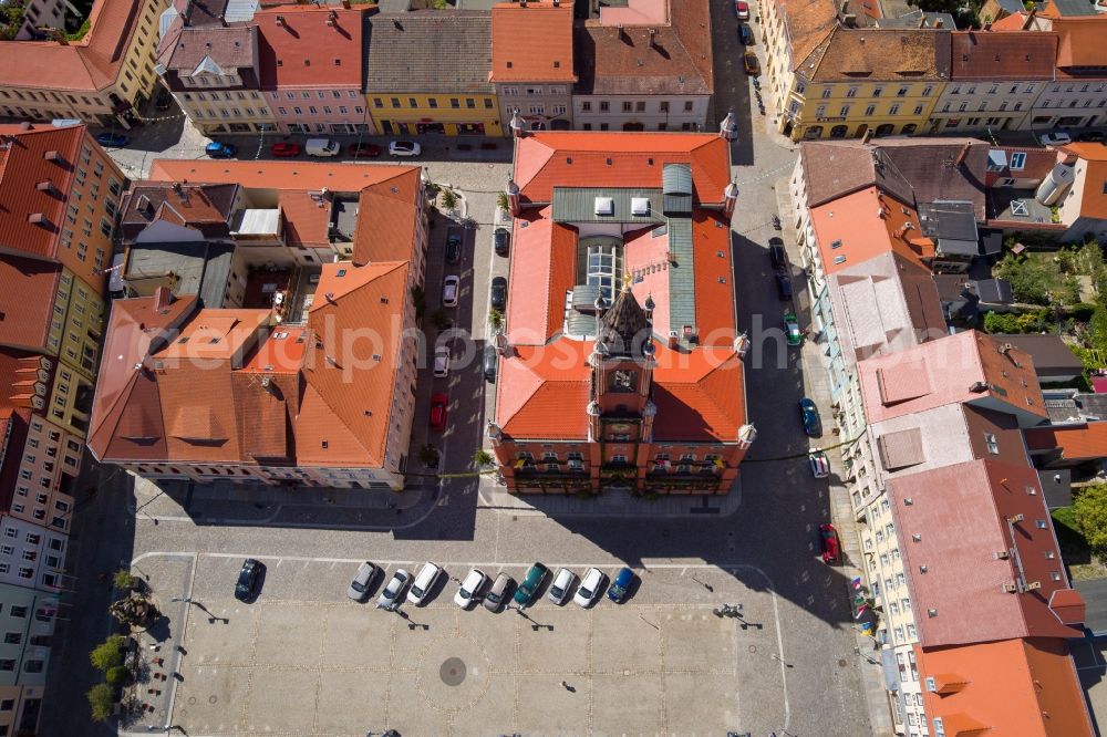 Aerial image Kamenz - Town Hall building of the City Council at the market downtown in Kamenz in the state Saxony, Germany
