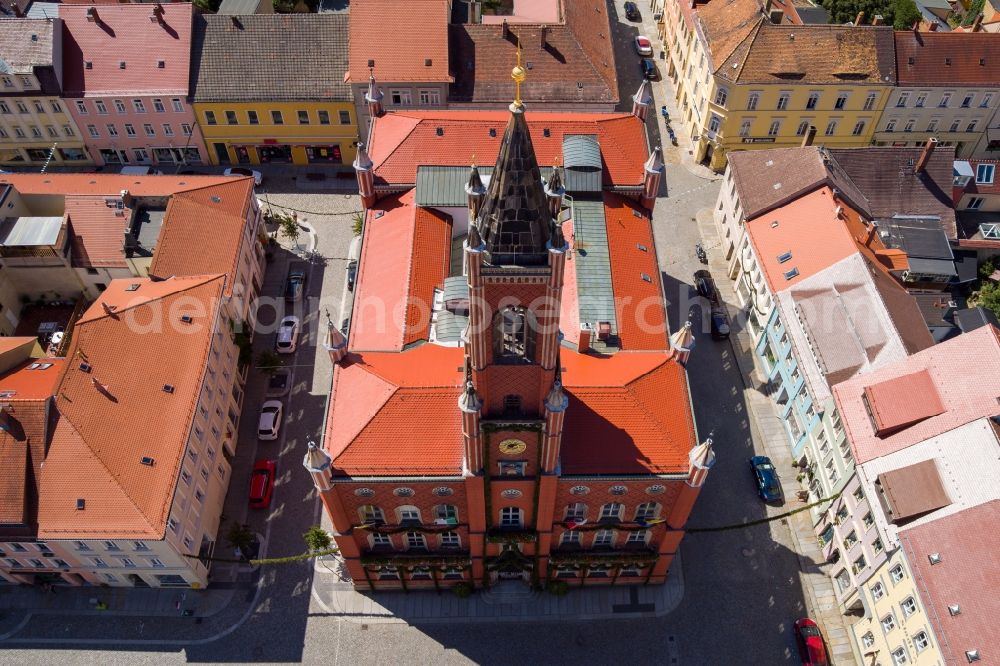 Kamenz from above - Town Hall building of the City Council at the market downtown in Kamenz in the state Saxony, Germany
